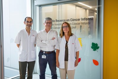 Jaume Mora, director científic de l'SJD Pediatric Cancer Center de l'Hospital Sant Joan de Déu Barcelona i investigador de l'IRSJD (al centre), amb José Luis Dapena i Susana Rives, referents en leucèmia del centre.